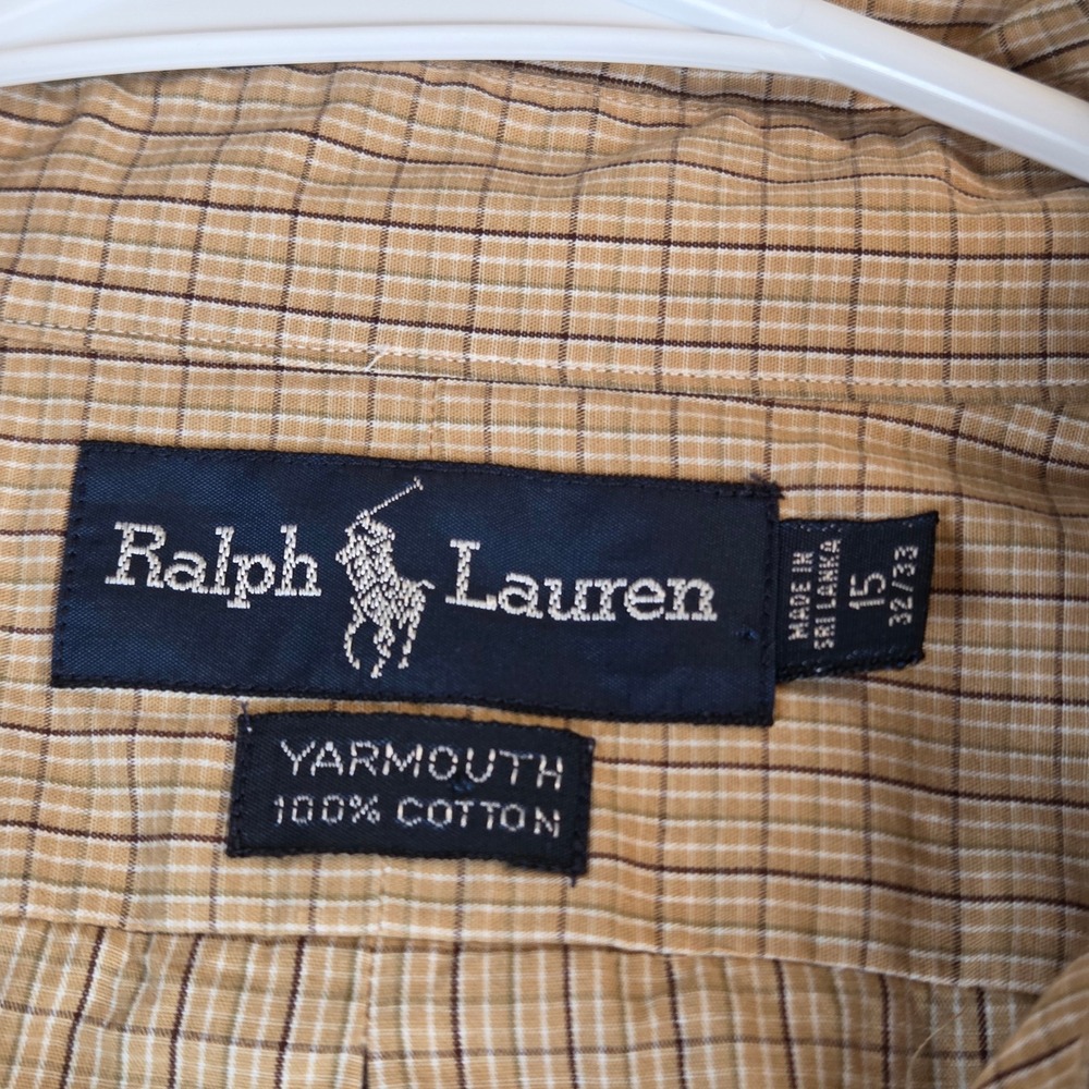 Ralph Lauren Yarmouth Shirt Mens 15 32/33 Tan Long Sleeve Plaid Cotton Pony - Picture 4 of 9